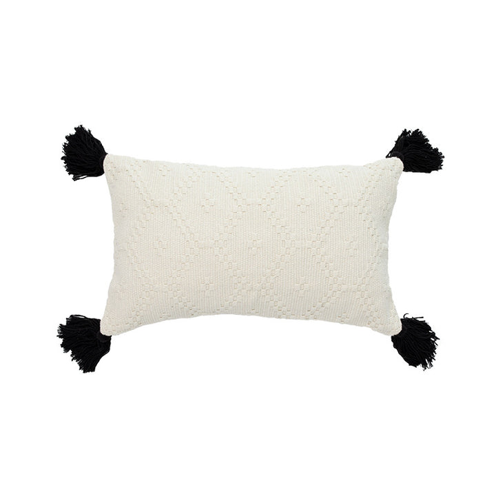 Square Boho cushion cover made of handwoven cotton with textured relief weaving and four tassels