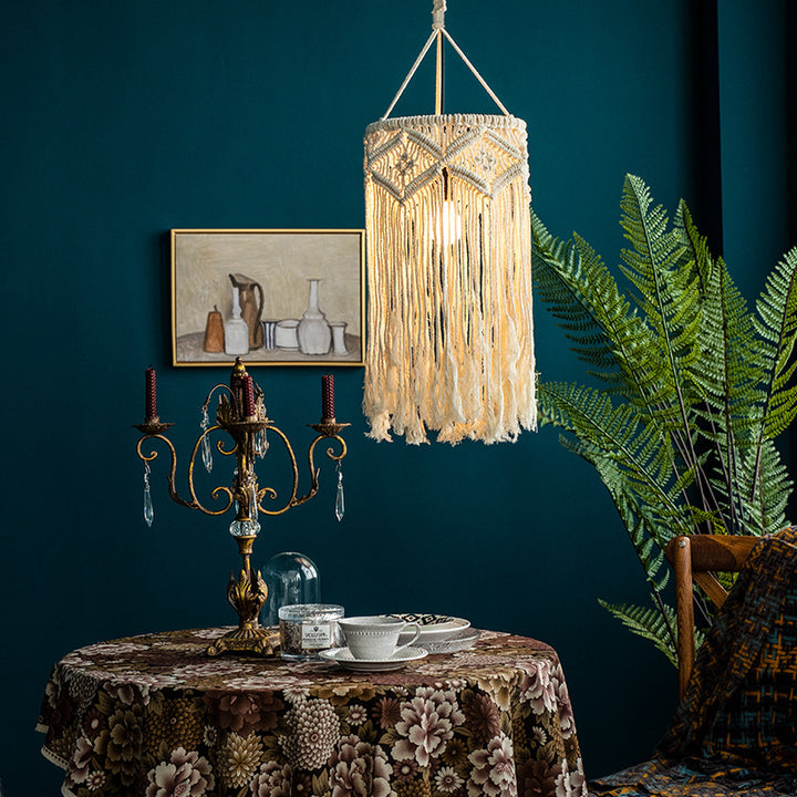 Macramé pendant light with hand-knotted cotton shade and decorative fringes