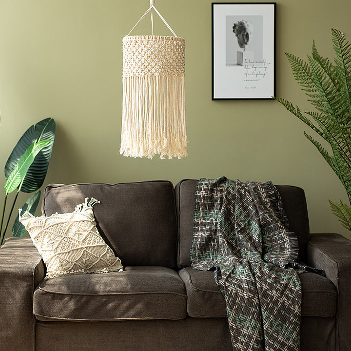 Macramé pendant light with hand-knotted cotton shade and decorative fringes