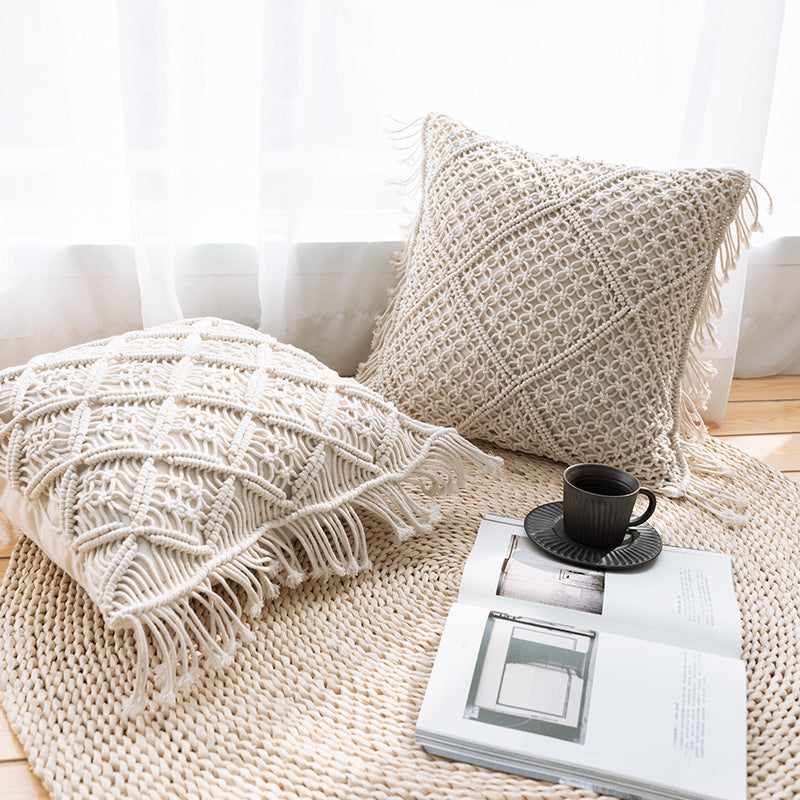 Boho macrame pillow cover with hand-knotted ornament relief and cotton texture