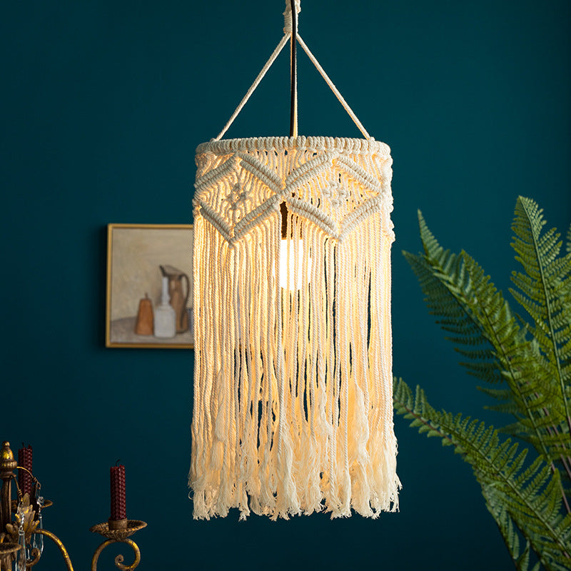 Macramé pendant light with hand-knotted cotton shade and decorative fringes