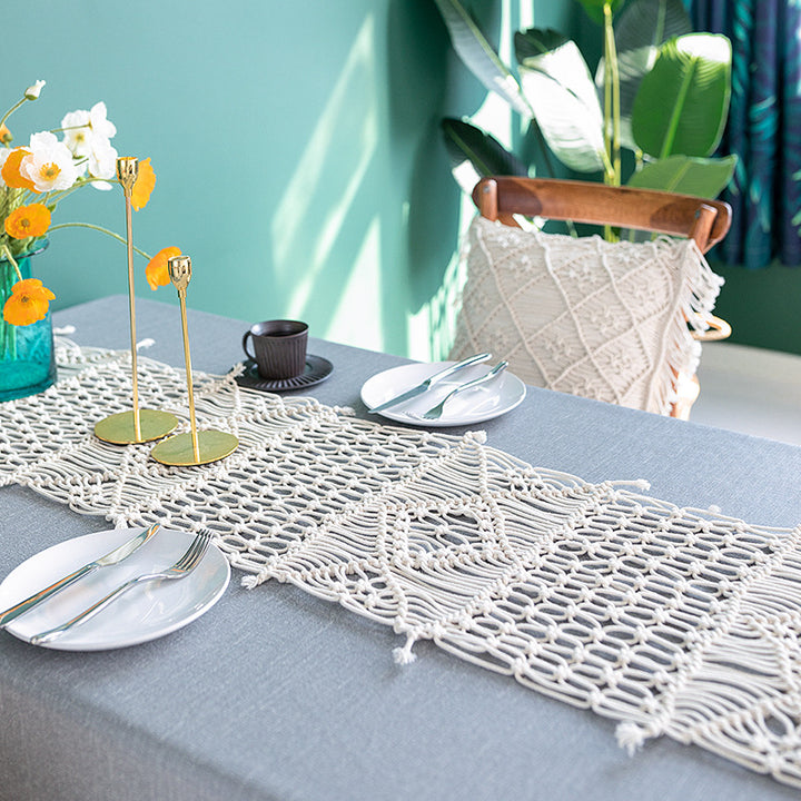 Hand-knotted macrame table runner with geometric knot relief
