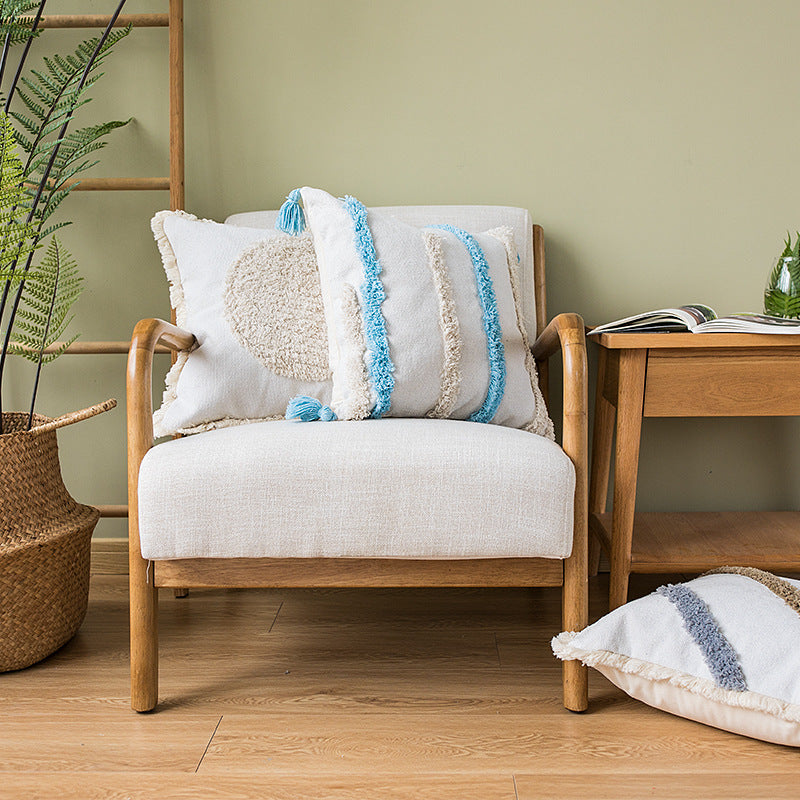 Square decorative pillow cover with fringes and hand-tufted diagonal stripes