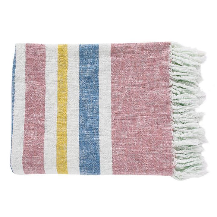 Light striped cotton throw blanket with fringes and textured knot appliqué