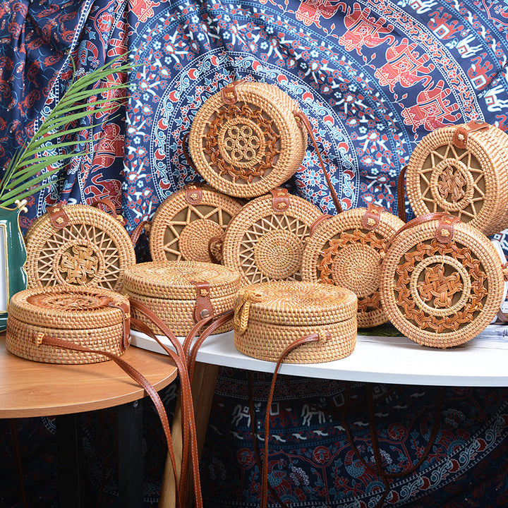 Elegant round handbag made of woven rattan