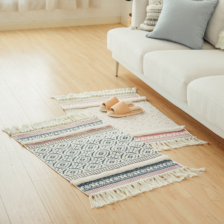 Handwoven cotton runner in Scandi-Boho style with fringes and geometric diamond jacquard