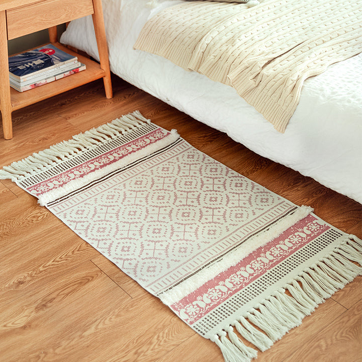 Handwoven cotton runner in Scandi-Boho style with fringes and geometric diamond jacquard