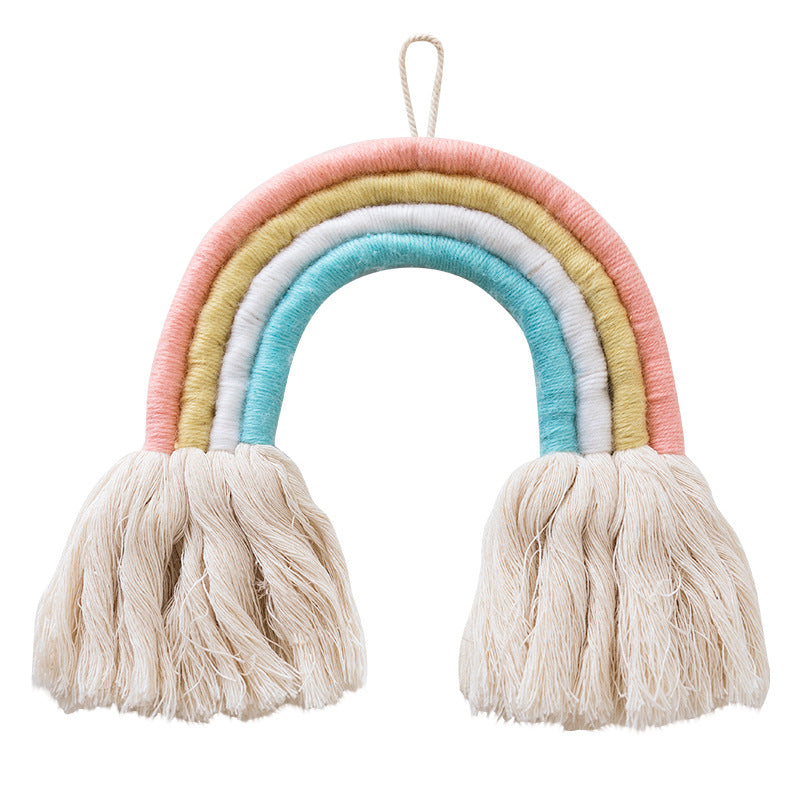 Macrame wall hanging in rainbow shape, handcrafted cotton yarn decorative element
