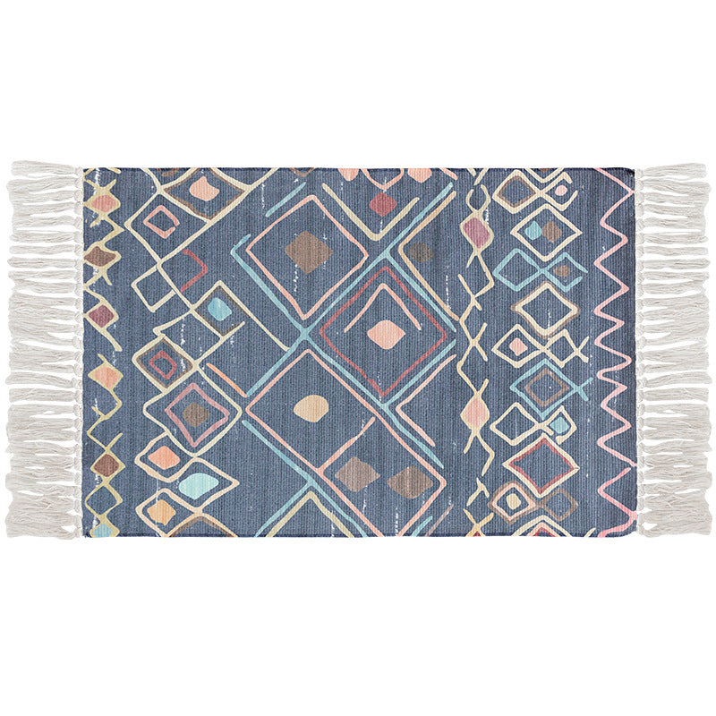 Flat-woven cotton carpet runner with ethnic diamond pattern and decorative fringes