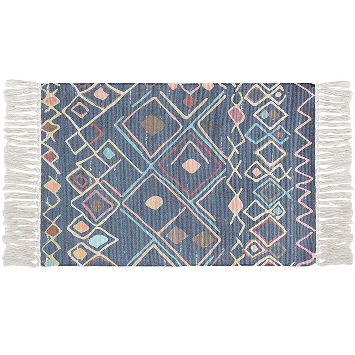 Flat-woven cotton carpet runner with ethnic diamond pattern and decorative fringes