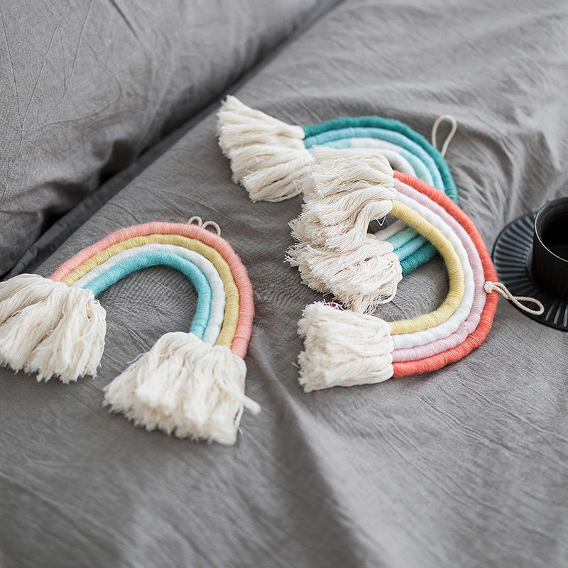 Macrame wall hanging in rainbow shape, handcrafted cotton yarn decorative element