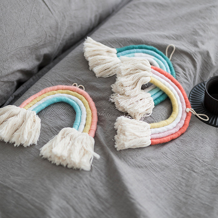 Macrame wall hanging in rainbow shape, handcrafted cotton yarn decorative element