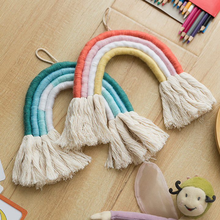 Macrame wall hanging in rainbow shape, handcrafted cotton yarn decorative element