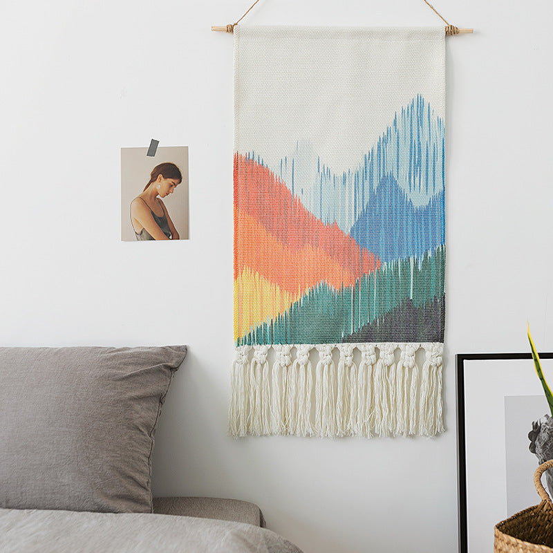Woven Boho Wall Hanging Set with Fringes and Geometric Ethno Print