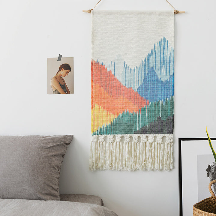 Woven Boho Wall Hanging Set with Fringes and Geometric Ethno Print