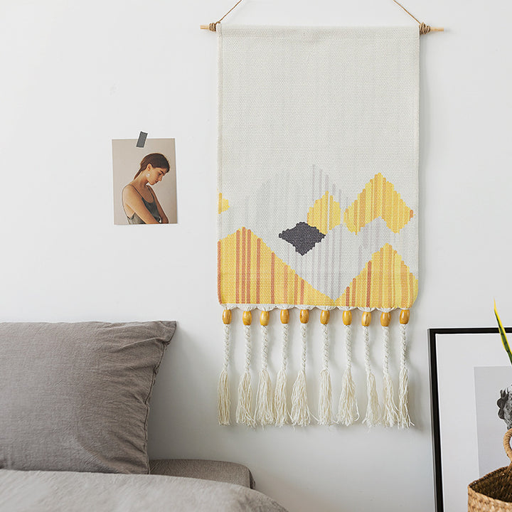 Woven Boho Wall Hanging Set with Fringes and Geometric Ethno Print