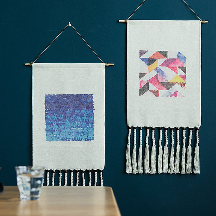 Woven Boho Wall Hanging Set with Fringes and Geometric Ethno Print