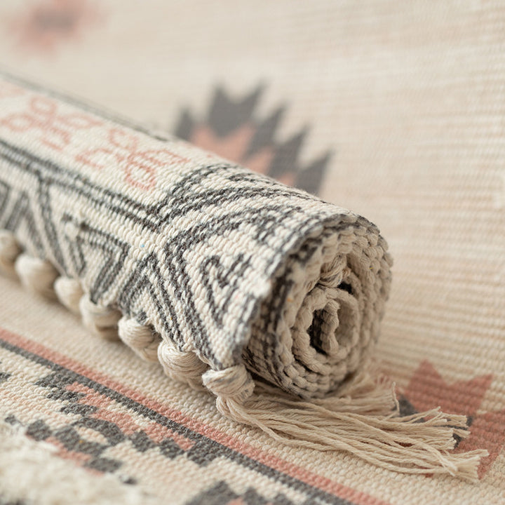 Flat-woven cotton runner in Kilim-Ethno design with fringes