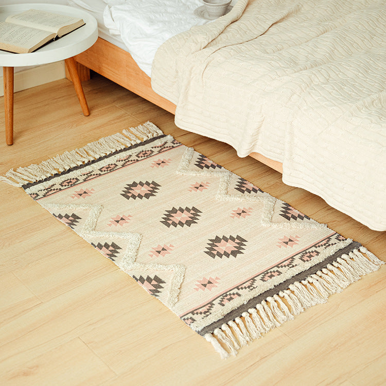 Flat-woven cotton runner in Kilim-Ethno design with fringes