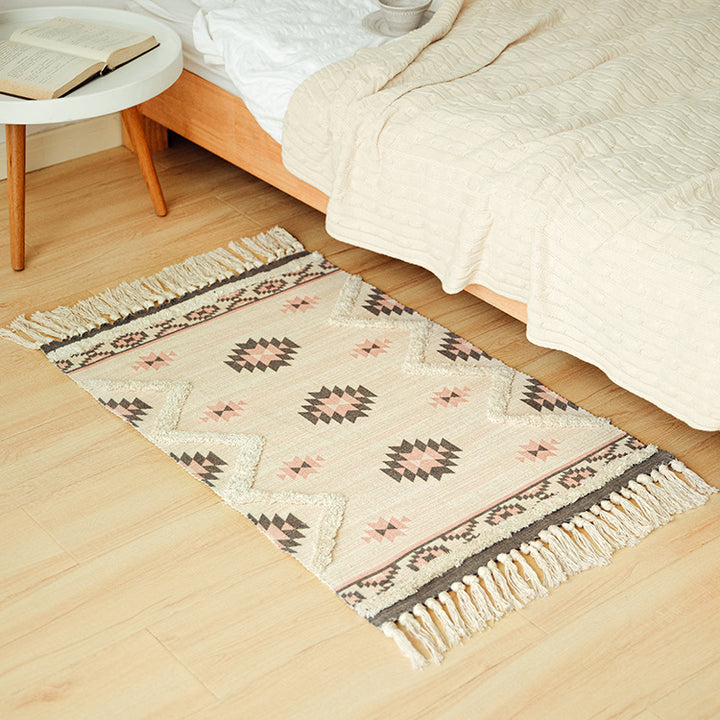 Flat-woven cotton runner in Kilim-Ethno design with fringes