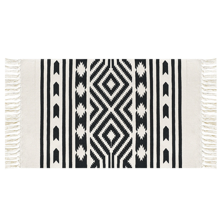 Flat-woven cotton runner with Mediterranean tile jacquard and decorative fringes