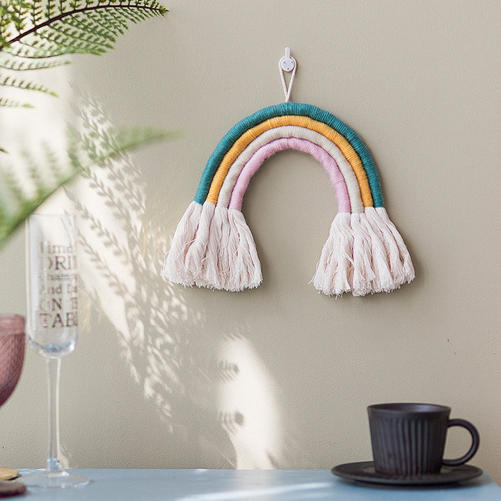 Macrame wall hanging in rainbow shape, handcrafted cotton yarn decorative element