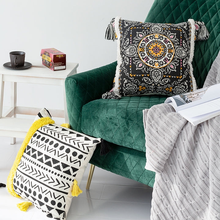 Square cushion cover with 3D alpaca appliqué, bouclé patch and pom-pom corners