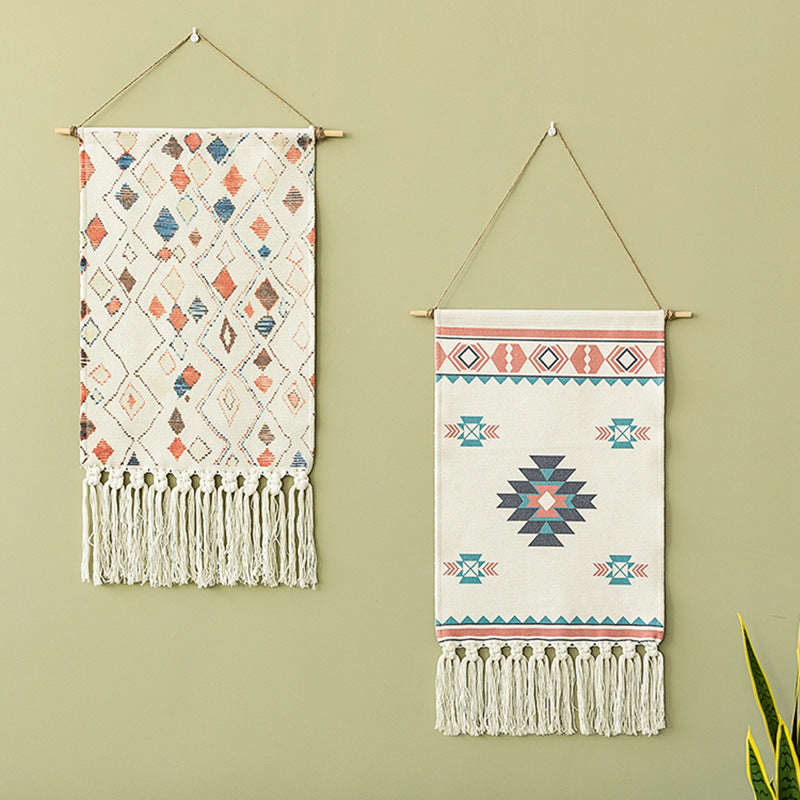 Woven Boho Wall Hanging Set with Fringes and Geometric Ethno Print