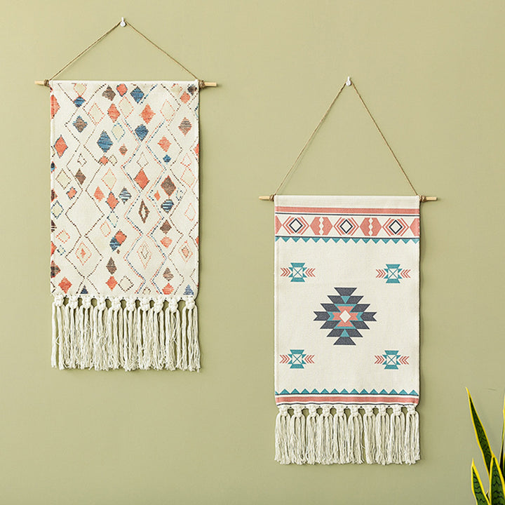 Woven Boho Wall Hanging Set with Fringes and Geometric Ethno Print