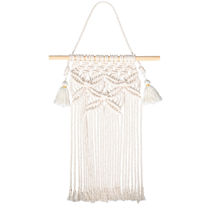 Macramé wall hanging with geometric triple tassel design and wooden rod