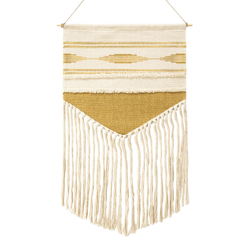 Handwoven wall hanging made of cotton blend with layered textures, wood rod and long fringes