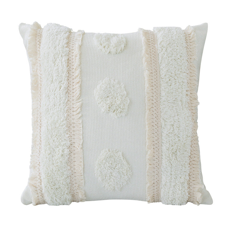 Decorative woven cushion cover with tufted circle applications and textured cotton surface