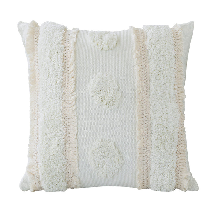 Decorative woven cushion cover with tufted circle applications and textured cotton surface