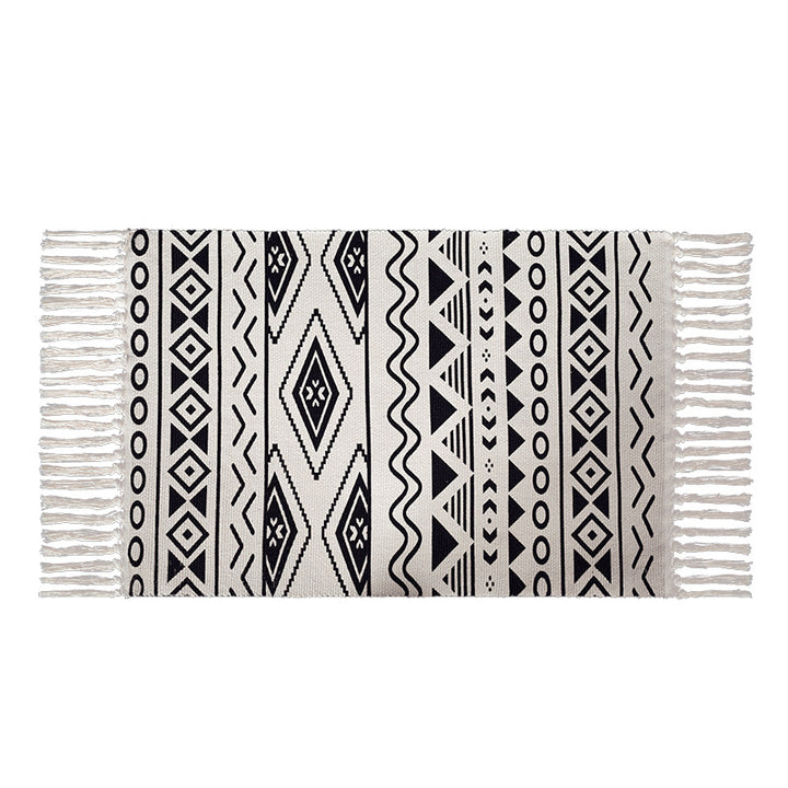 Flat-woven cotton blend runner with ethnic diamond jacquard and fringes
