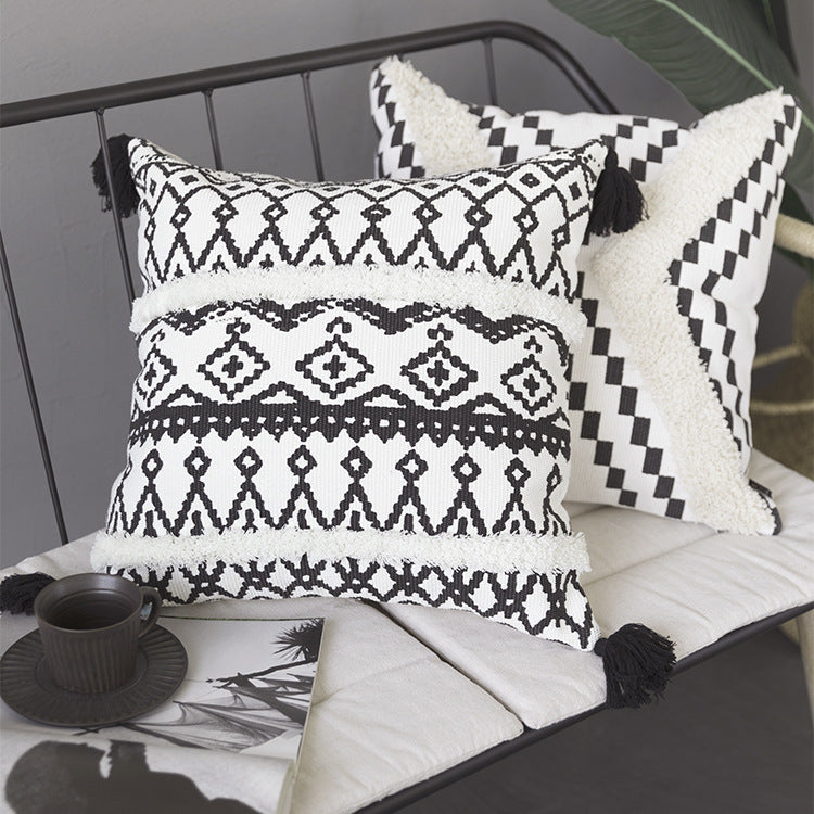 Rectangular Boho lumbar pillow with jacquard weaving, fringe stripes, and corner tassels