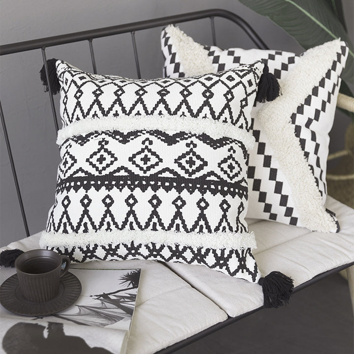 Rectangular Boho lumbar pillow with jacquard weaving, fringe stripes, and corner tassels
