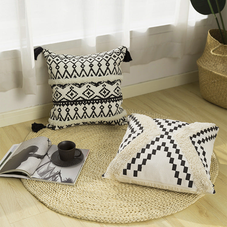 Rectangular Boho lumbar pillow with jacquard weaving, fringe stripes, and corner tassels