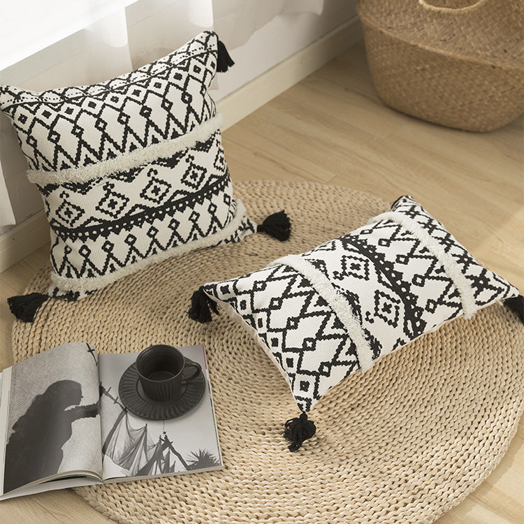 Rectangular Boho lumbar pillow with jacquard weaving, fringe stripes, and corner tassels