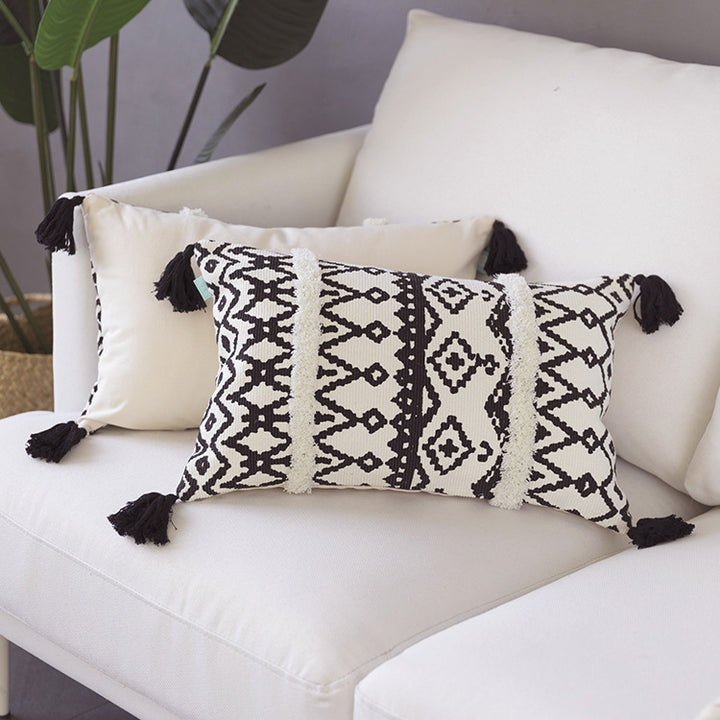 Rectangular Boho lumbar pillow with jacquard weaving, fringe stripes, and corner tassels