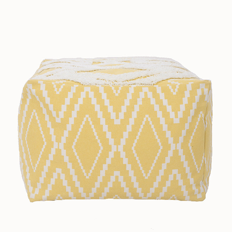 Cubical seat pouf made of woven cotton blend with ethnic diamond pattern