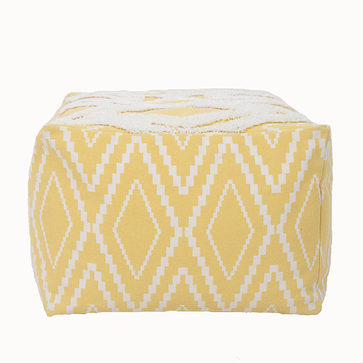 Cubical seat pouf made of woven cotton blend with ethnic diamond pattern