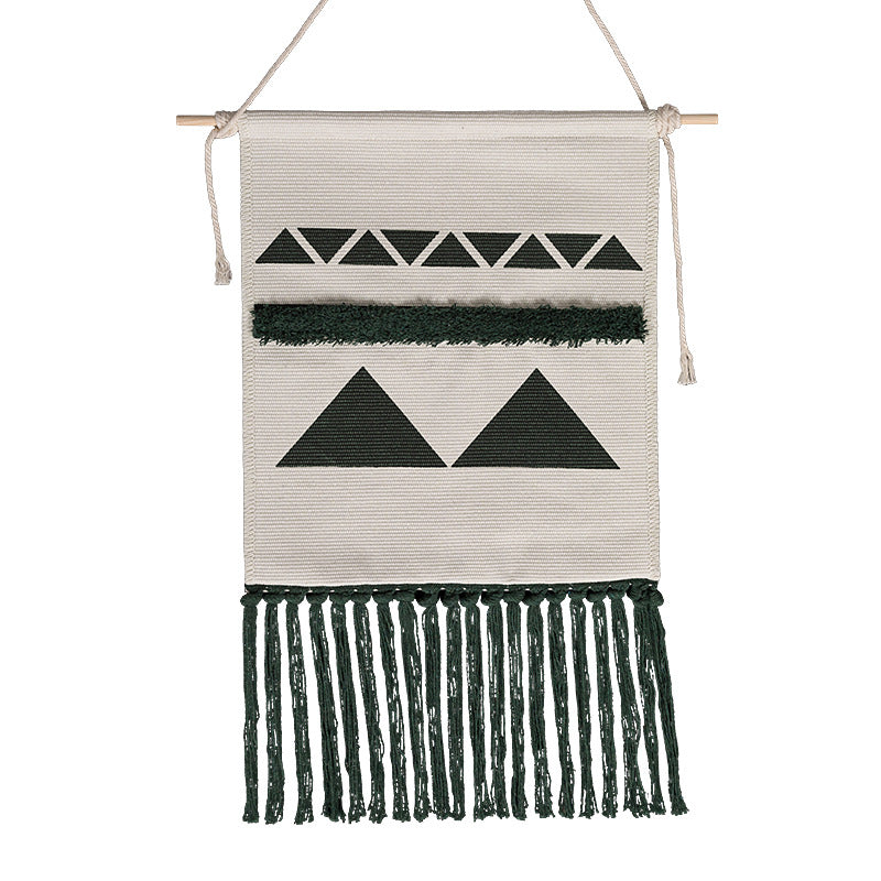 Hand-woven wall hanging and table runner made of cotton blend with geometric staircase pattern and long fringes