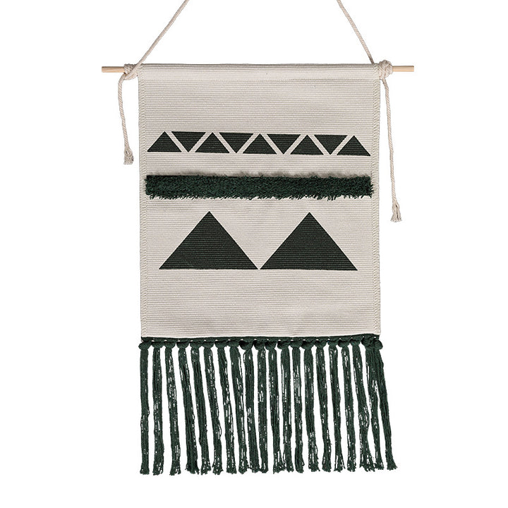Hand-woven wall hanging and table runner made of cotton blend with geometric staircase pattern and long fringes
