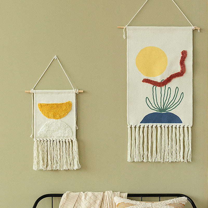 Hand-woven wall hanging and table runner made of cotton blend with geometric staircase pattern and long fringes