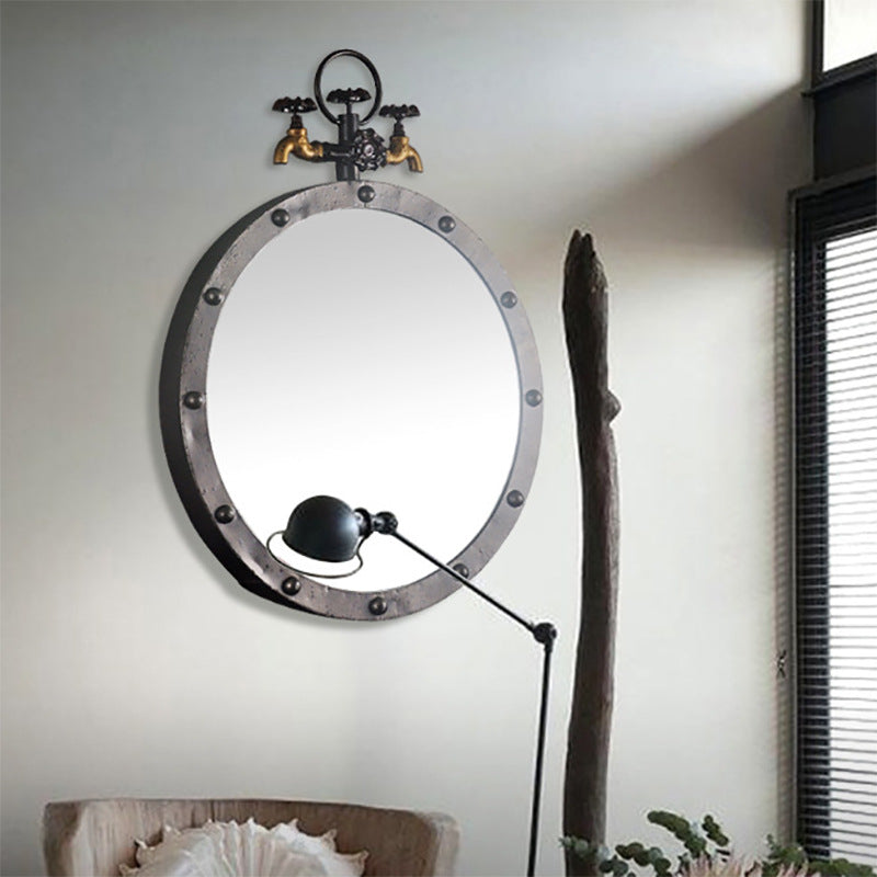 Industrial-Style Round Wall Mirror with Vintage Pipe Design