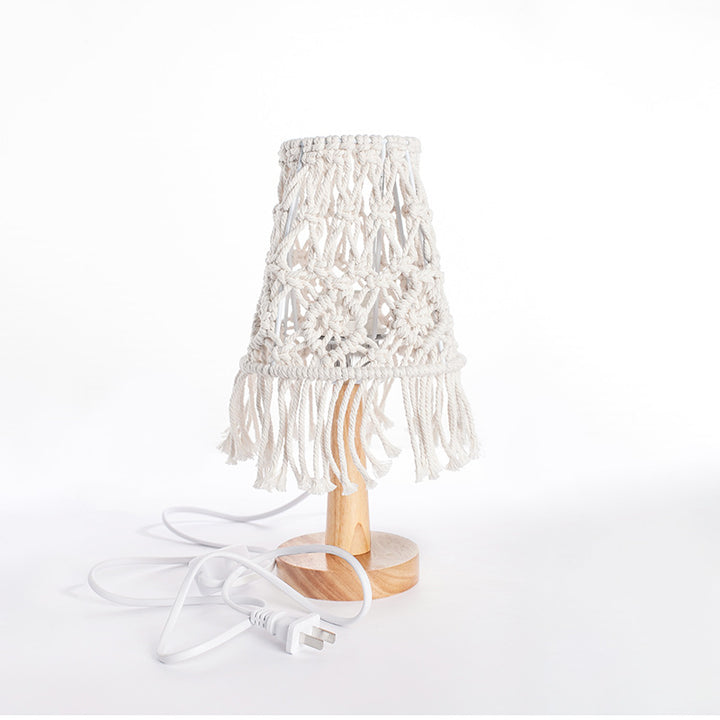 Macramé Table Lamp with Natural Wooden Base