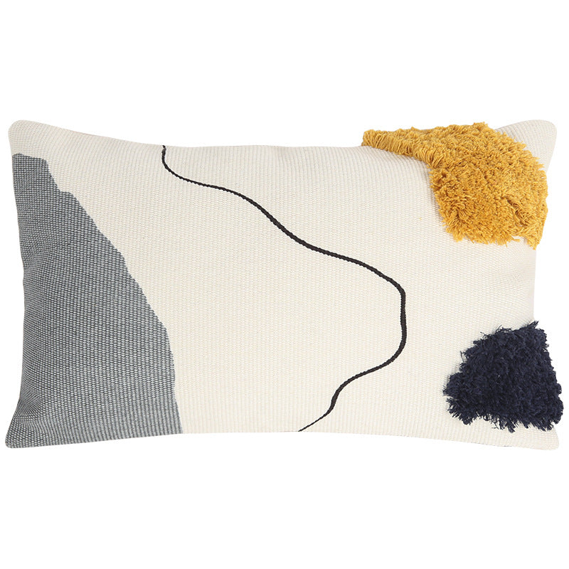 Woven decorative cushion cover in an abstract-minimalist Scandi look with hand-tufted applications