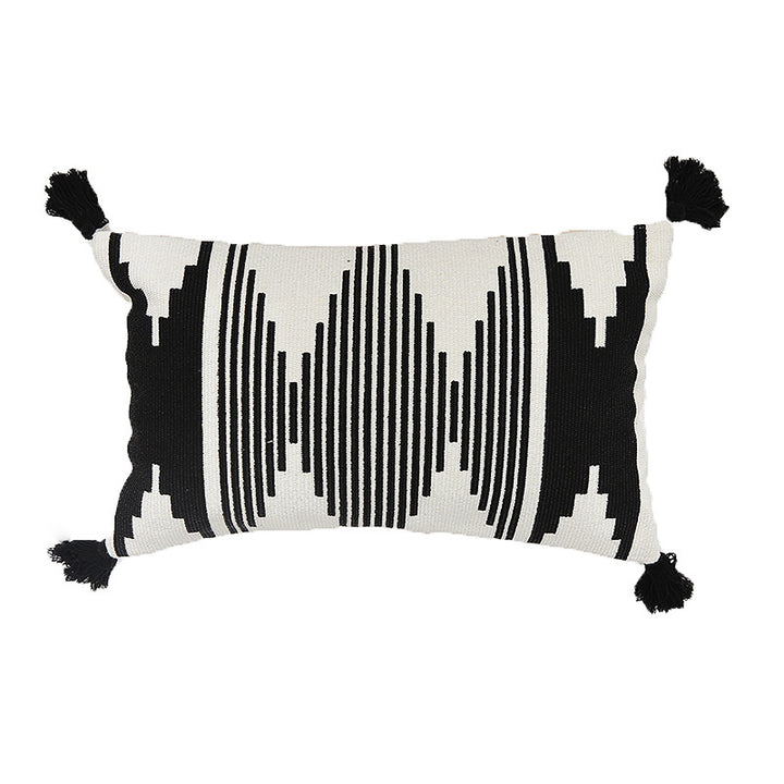 Rectangular Jacquard lumbar cushion cover with geometric ethnic relief and decorative tassels