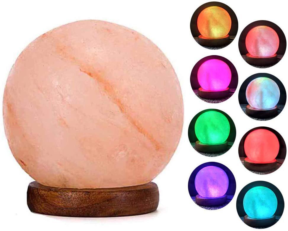 Himalayan Salt Crystal Sphere Lamp with Color Changing LED and Natural Wood Base
