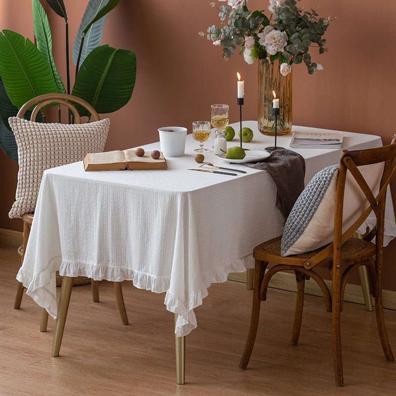 Light cotton gauze tablecloth with frill and natural structure